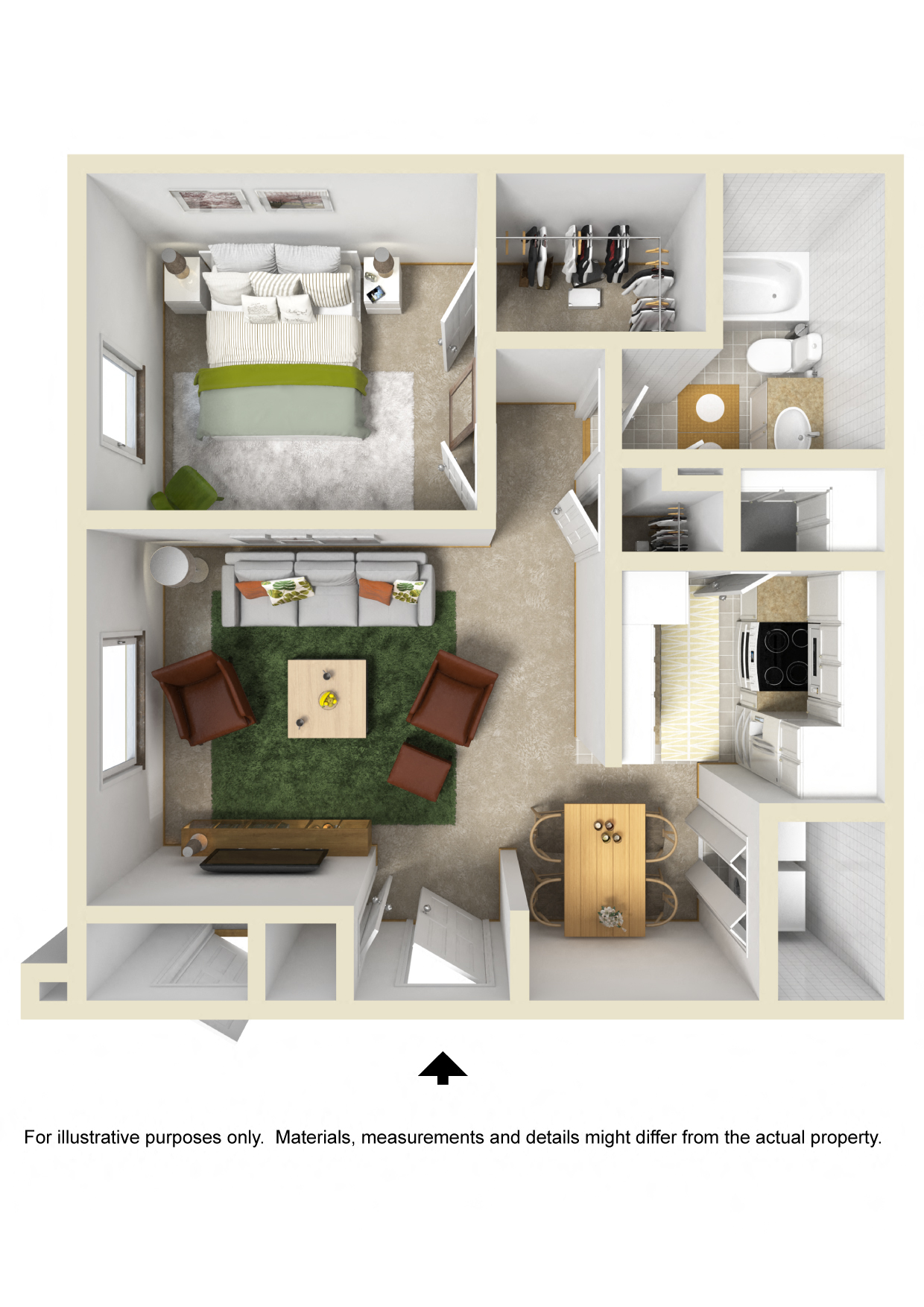 Floor plan for 1 bed, 1 bath, 655 sqft